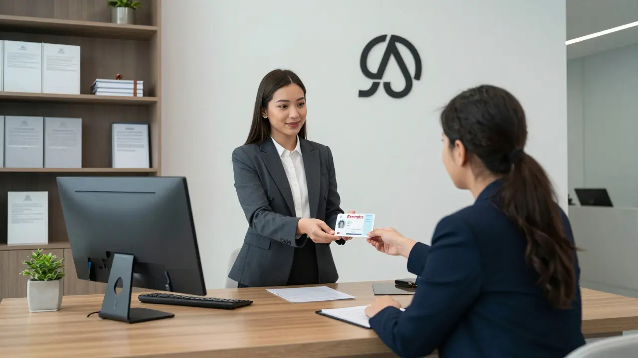 A client reviewing a verified ID and payment receipt with an escort agency representative in a professional office.