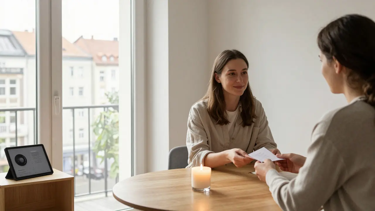 A companion in a sunlit Berlin studio offering a folded note to a client, candlelight and quiet dignity in the air.