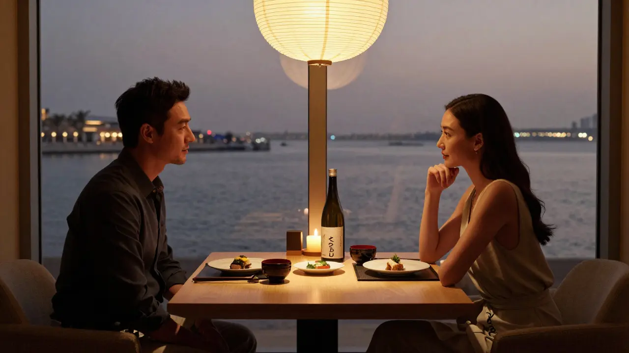 A couple dines quietly at Nobu Dubai under soft lantern light with city views.