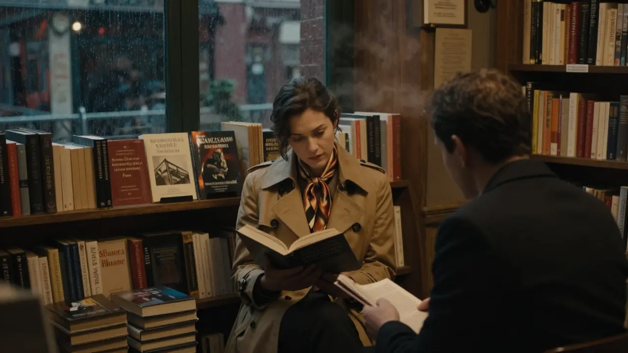 A couple sharing a quiet moment reading in Shakespeare and Company bookstore at night.