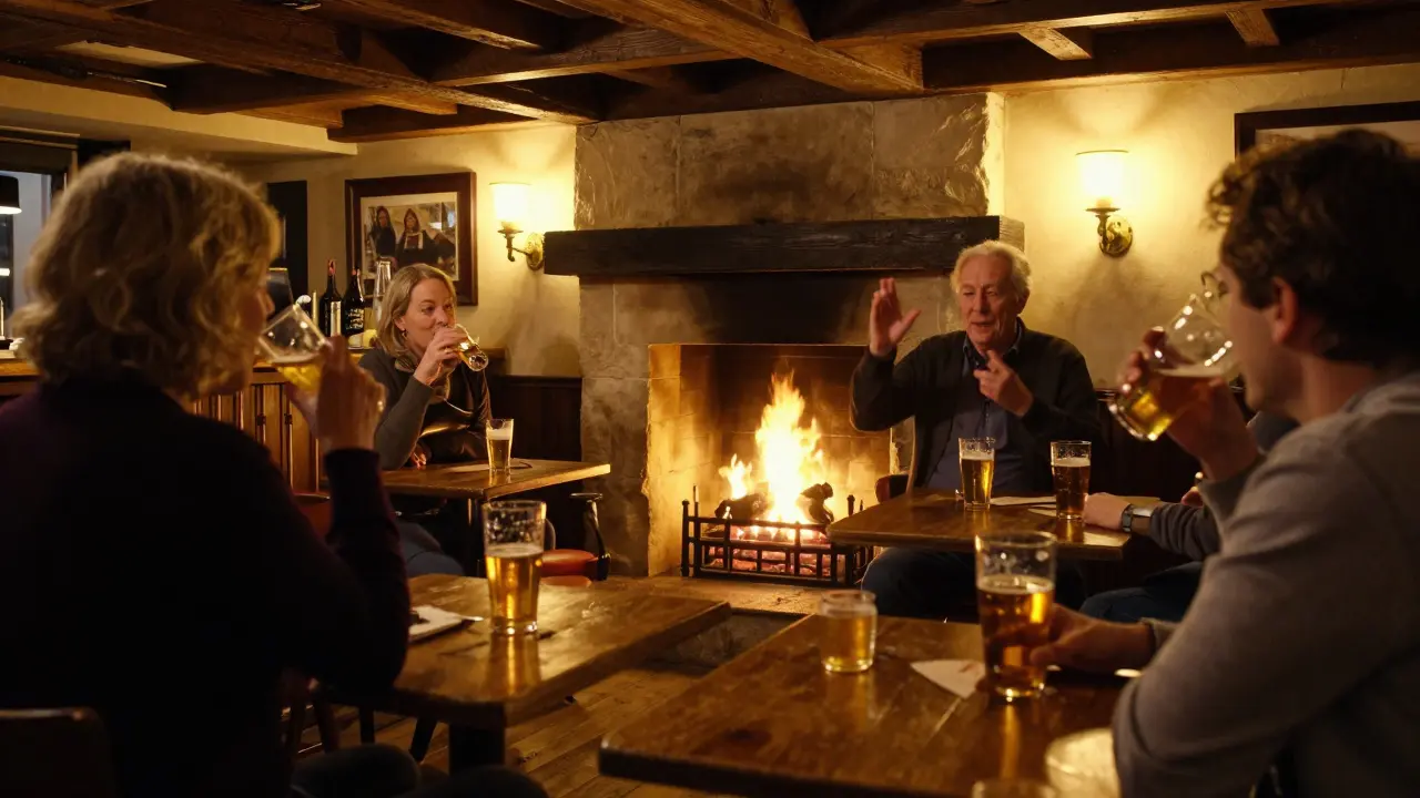 A cozy 17th-century pub with patrons chatting quietly by a fireplace, sipping ale in warm lamplight.