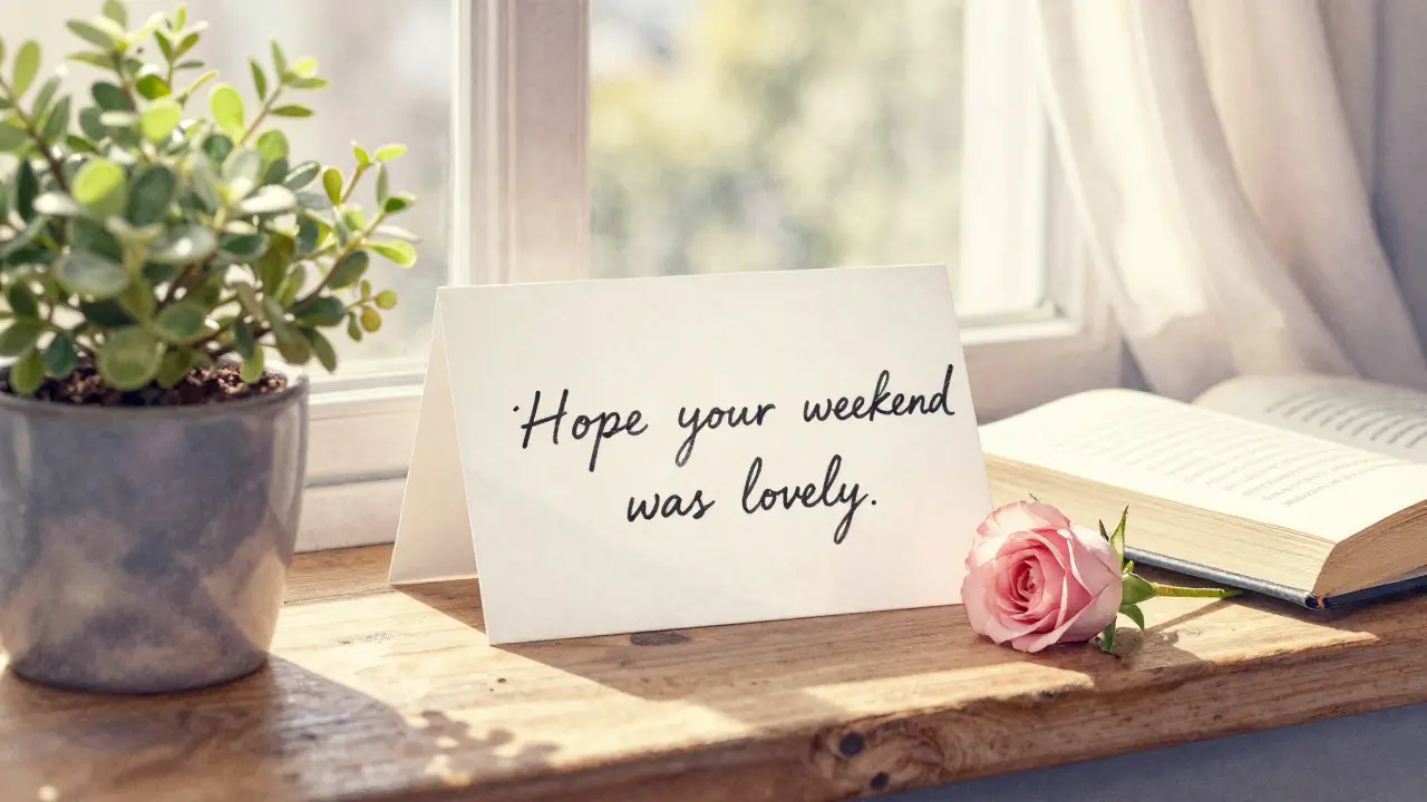 A handwritten holiday card and rose on a windowsill with morning light, symbolizing quiet appreciation.