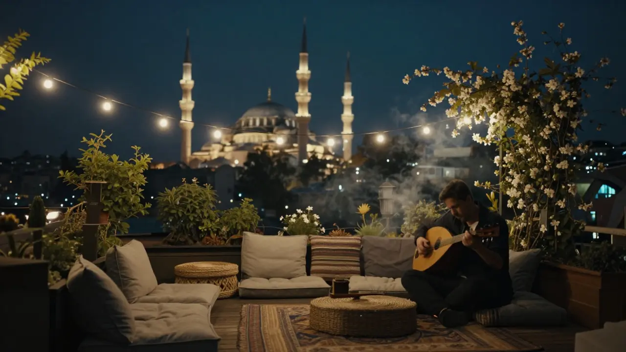 A hidden garden terrace in Beyoğlu with string lights, oud instrument, and lit mosques in the background.