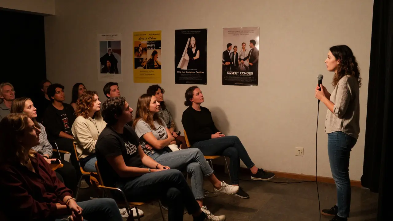 A lone woman delivers a poignant monologue on a small stage to a diverse, attentive audience in a cozy, unpretentious theatre.