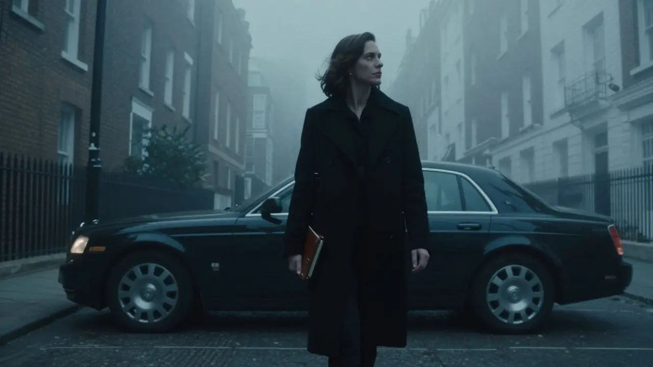 A lone woman walks through a foggy London alley at dawn, carrying a notebook, as a private car waits silently behind her.