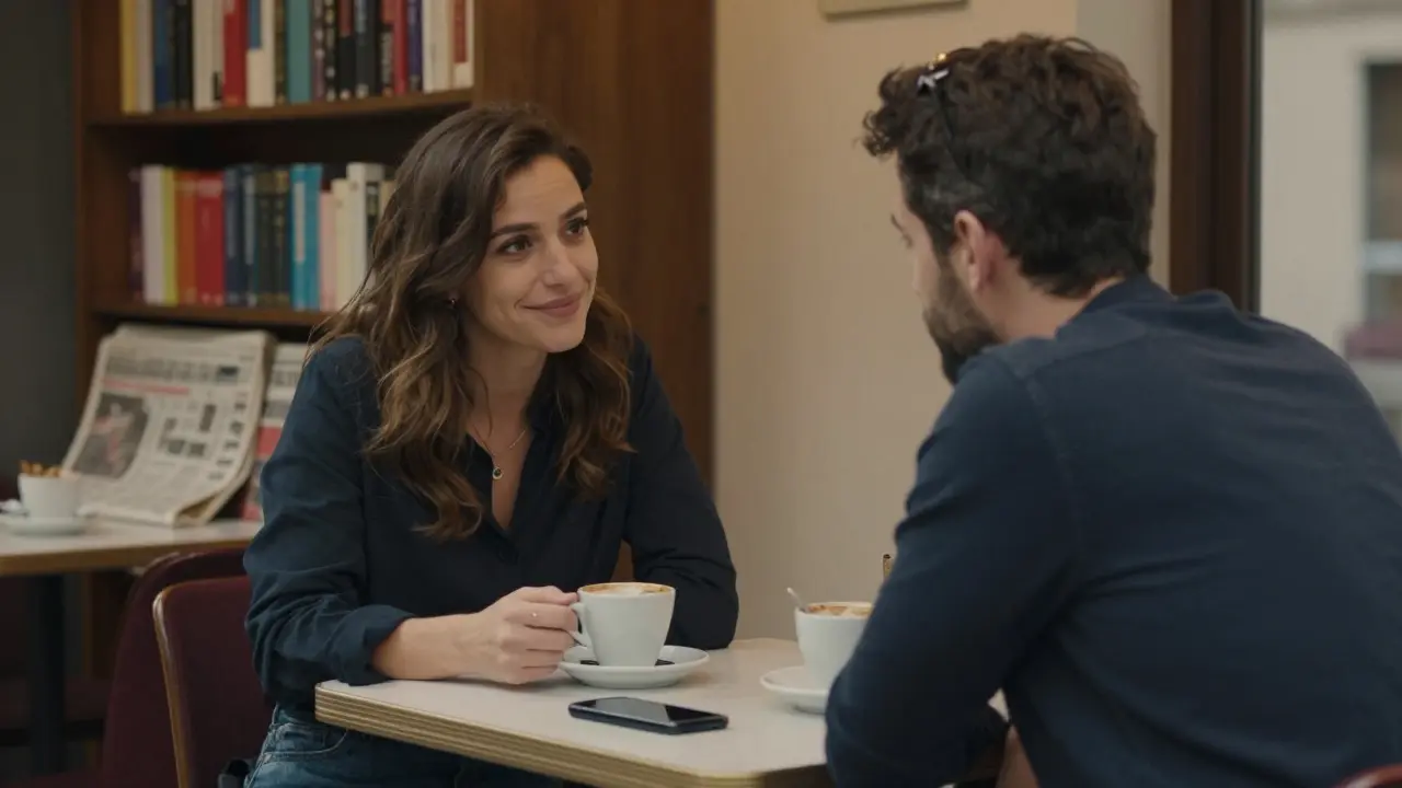 A man and woman having a calm, respectful conversation over coffee in a Brera café.