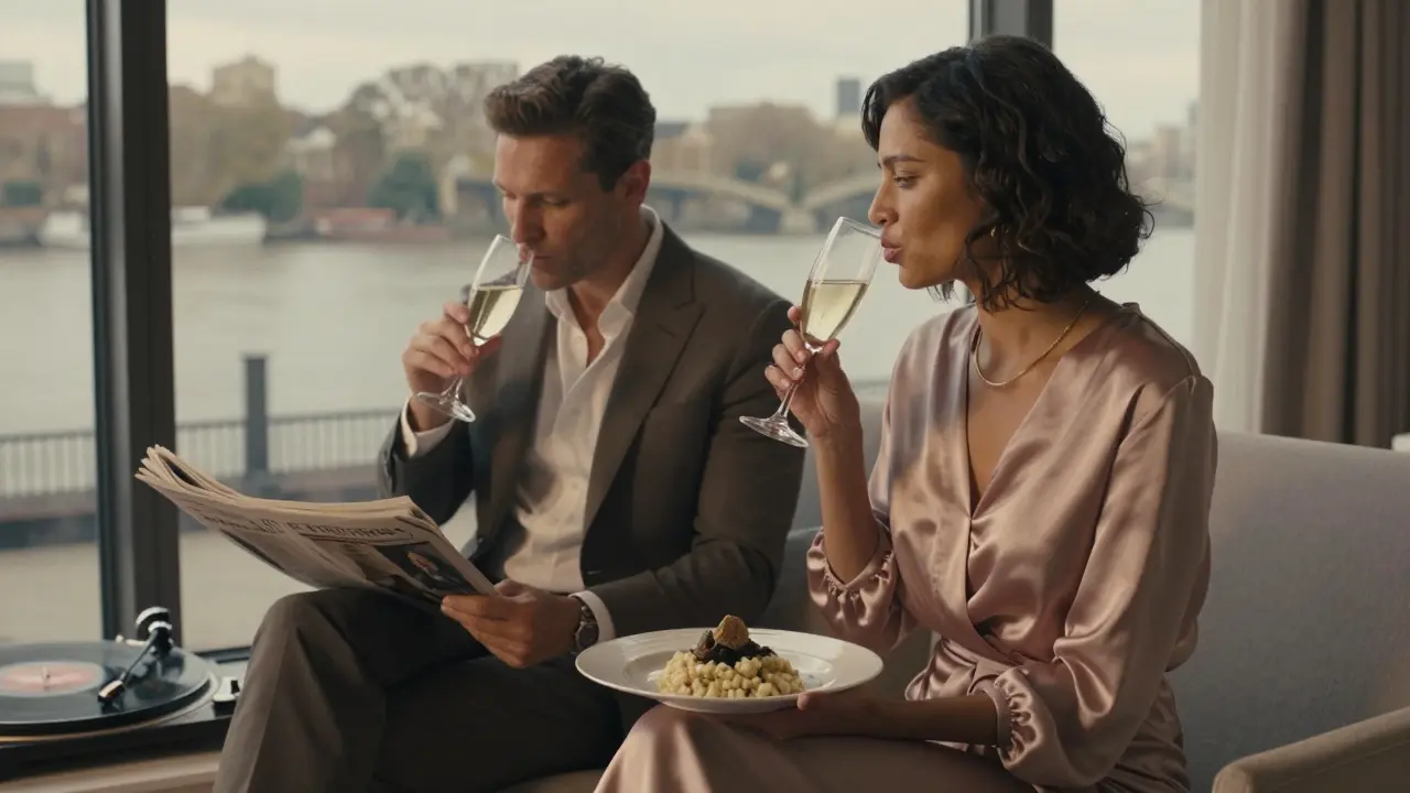 A man and woman sit quietly in a luxury penthouse, sipping champagne near a window with the Thames visible, no physical contact.