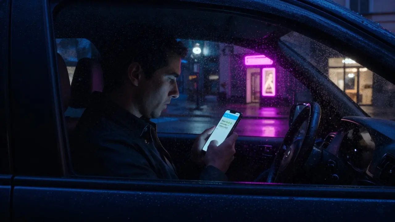 A man in a rainy Milan car, staring at an encrypted messaging app with the words 'Cash only' on screen.