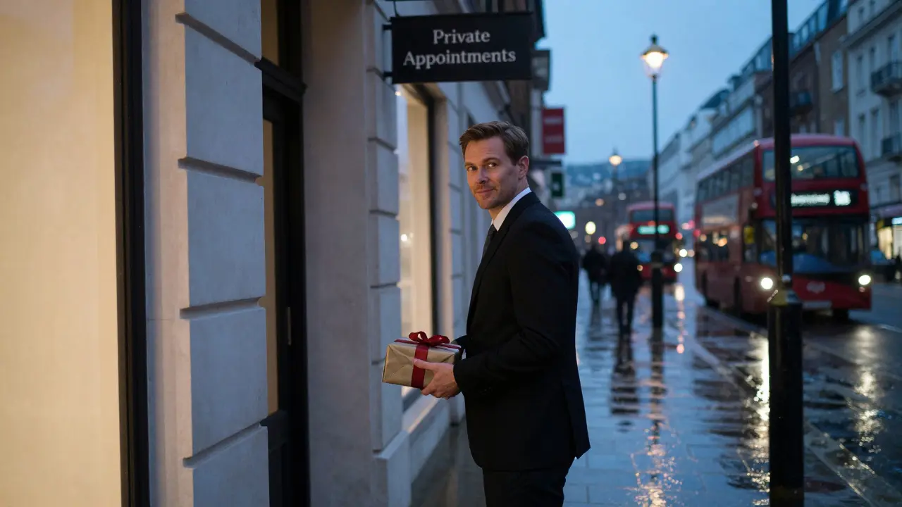 A man leaving a private London residence with a small gift, the escort unseen, rain glistening on the street.