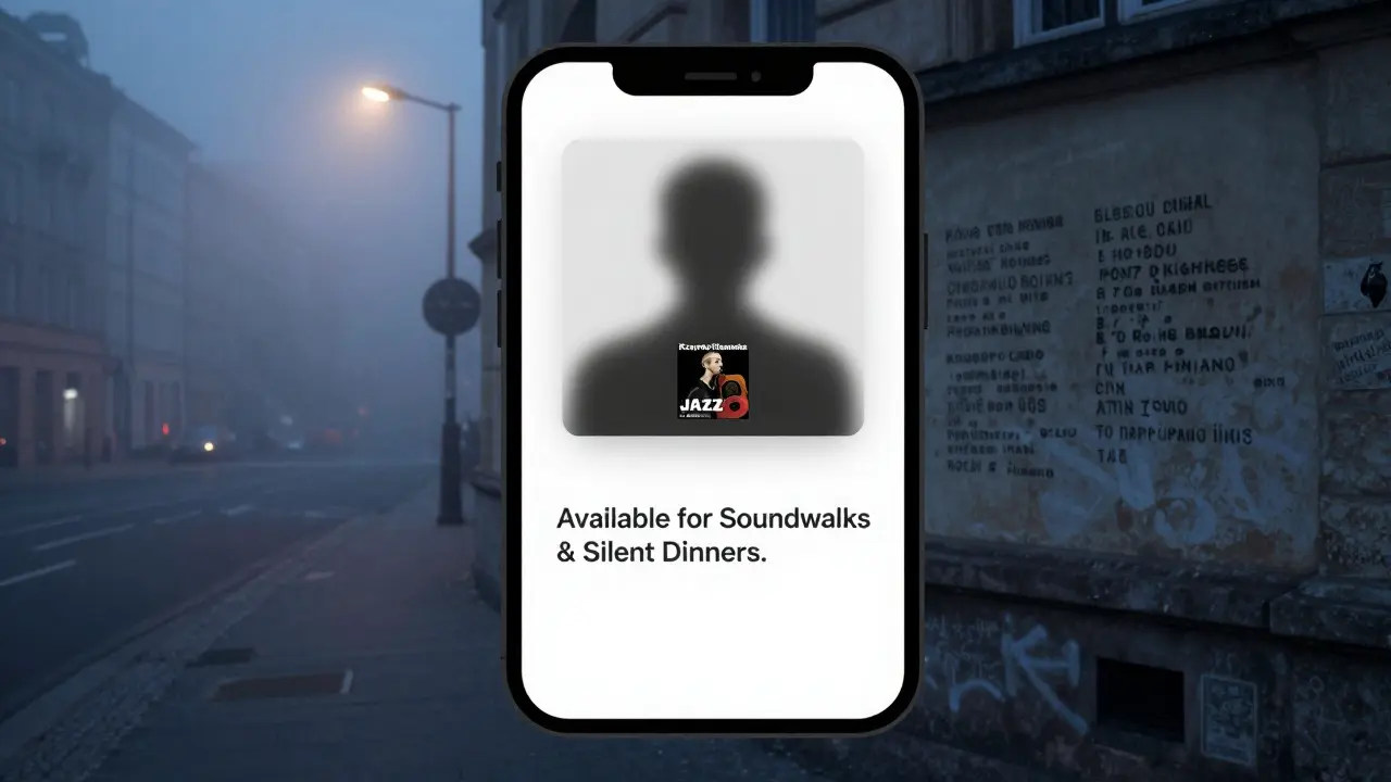 A minimalist escort profile on a smartphone showing jazz music and a blurred silhouette against a foggy Berlin street.