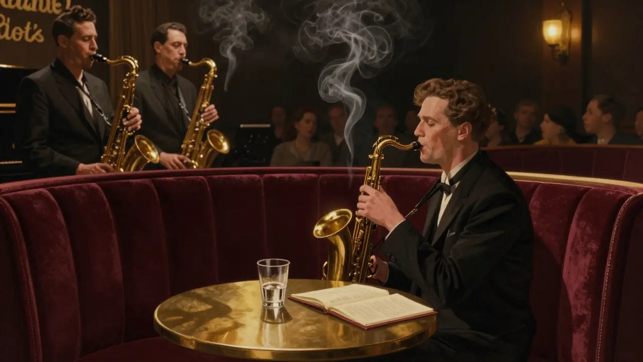 A person sitting alone in a jazz club booth, listening to a saxophonist under warm dim lighting.