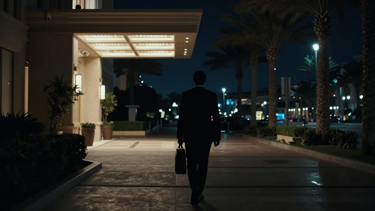 A person walking away from a luxury hotel at night, embodying discretion and safety in Abu Dhabi.