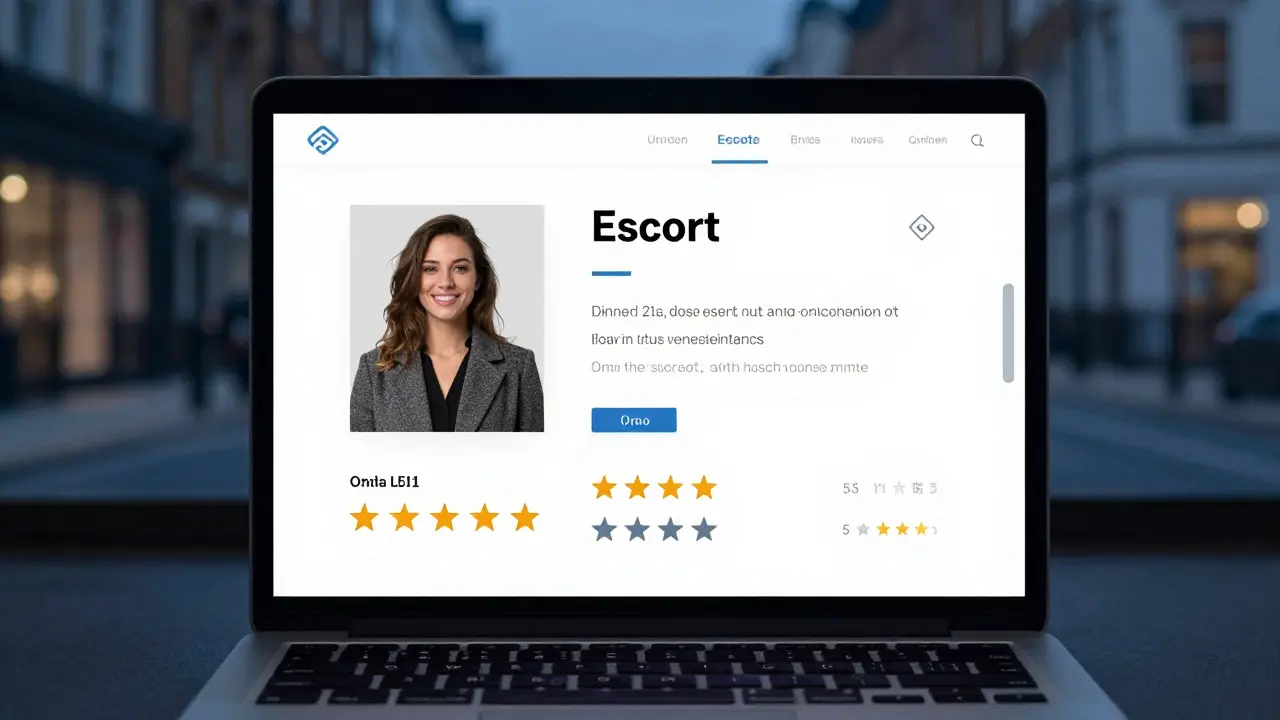 A professional escort's verified online profile displayed on a laptop, with client reviews and a calm city view through the window.