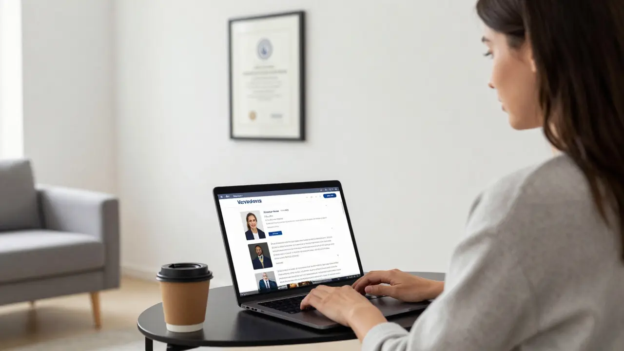 A professional woman reviewing a verified escort platform profile on her laptop in a bright Berlin apartment.