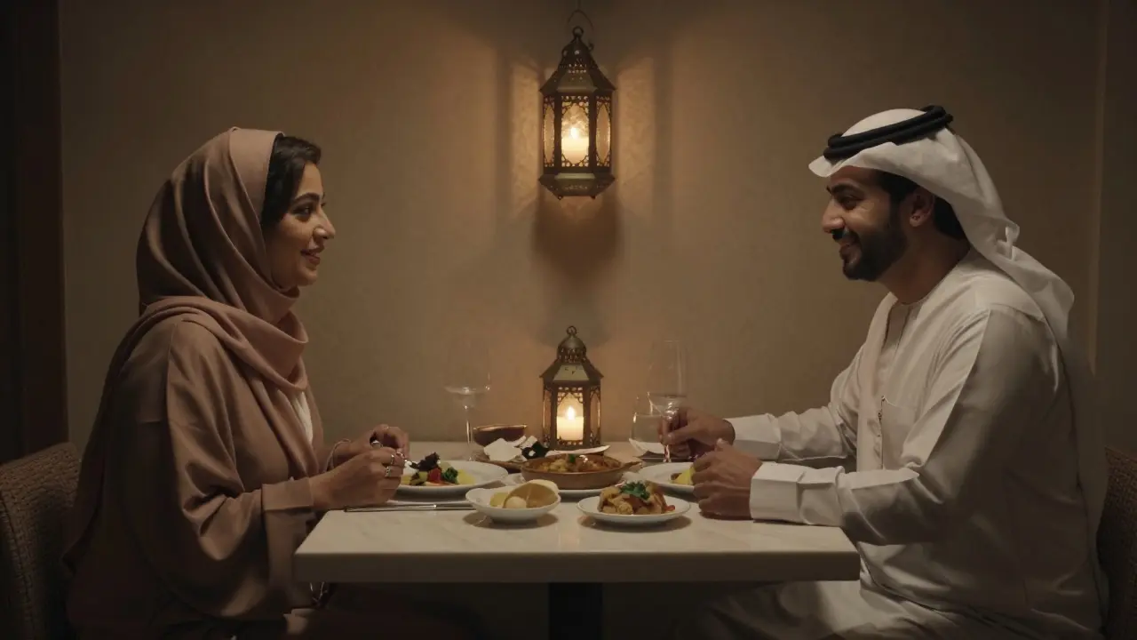 A quiet dinner at Al Ijmaa restaurant with soft lighting and traditional Emirati cuisine.