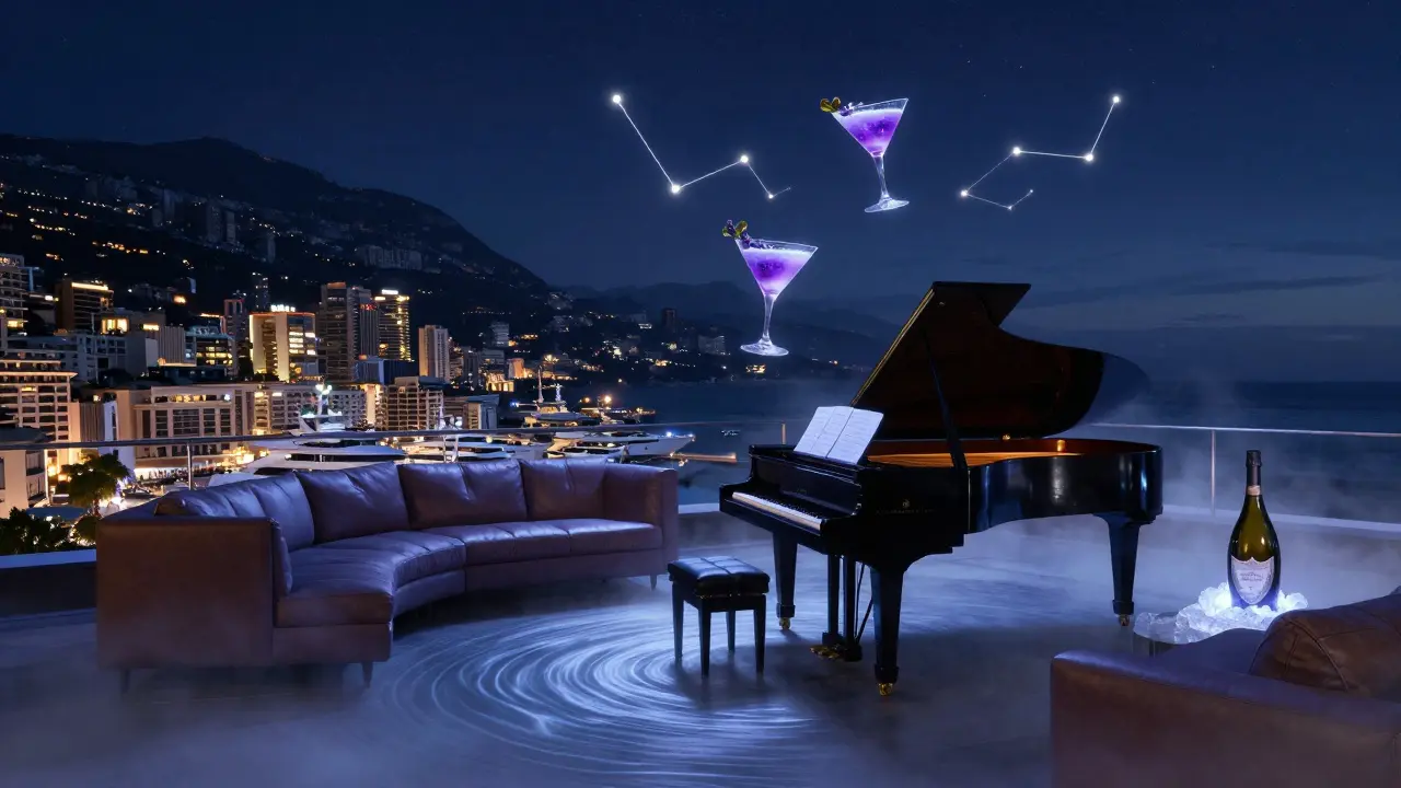 A quiet rooftop lounge with floating couches overlooking Monaco’s lit-up harbor at midnight.