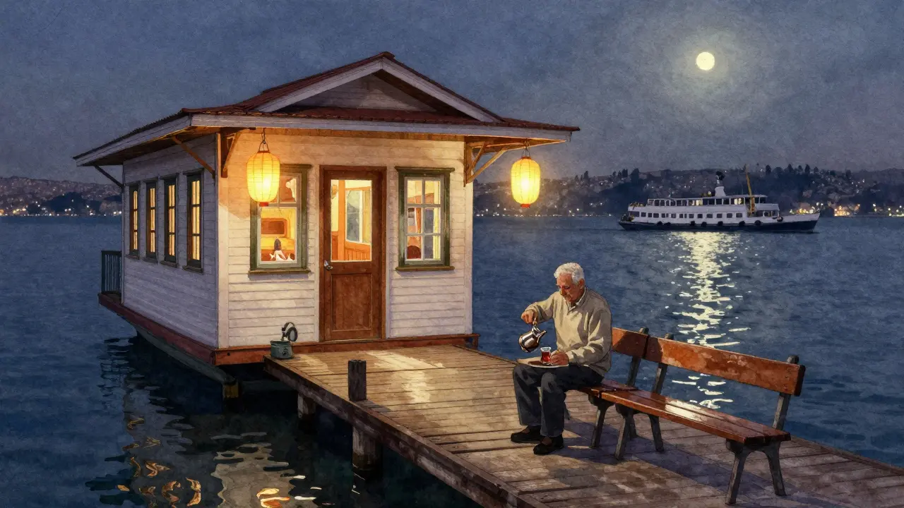 A rustic waterside café in Beşiktaş with lanterns glowing over the Bosphorus and a man pouring tea.