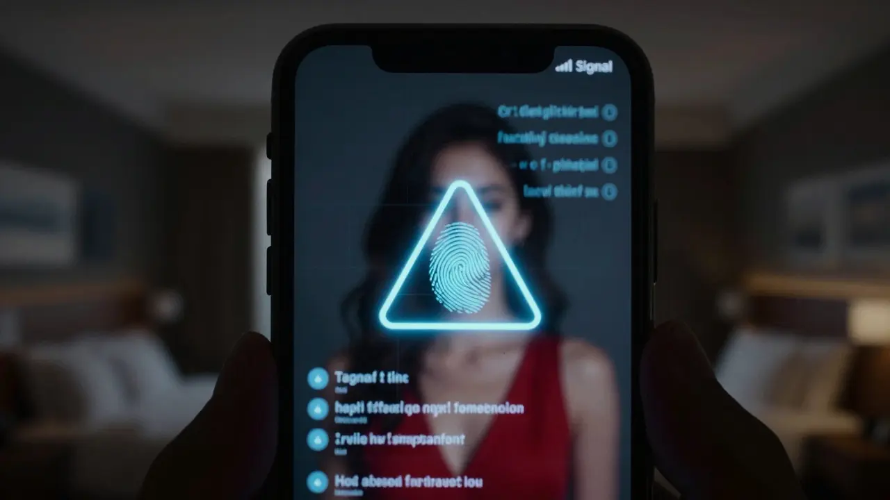 A smartphone screen displays a blurred escort profile with digital warning signs and encrypted messages.