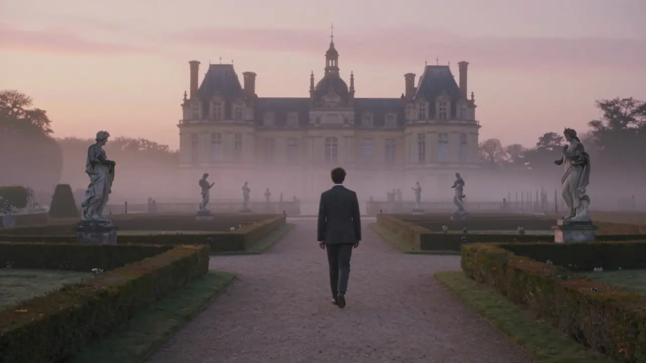 A solitary figure walking through the misty gardens of Vaux-le-Vicomte at sunrise.