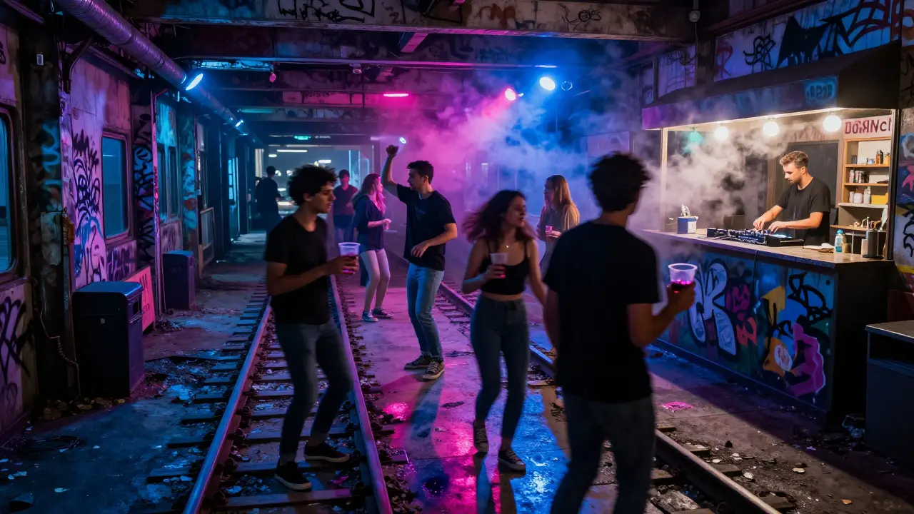 A vibrant nightclub in a disused train station, people dancing on railway tracks under graffiti walls.