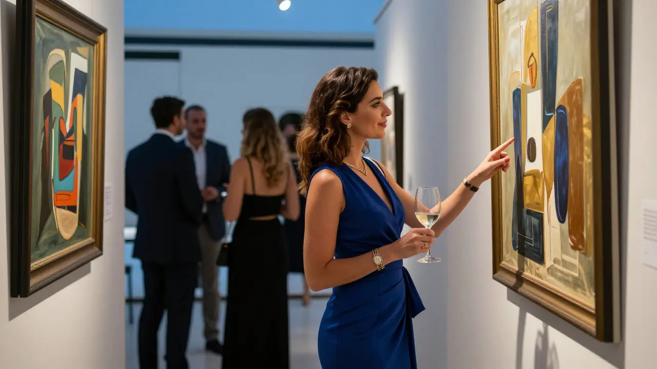 A woman and her companion admiring art at a private gallery opening, dressed elegantly in evening attire.