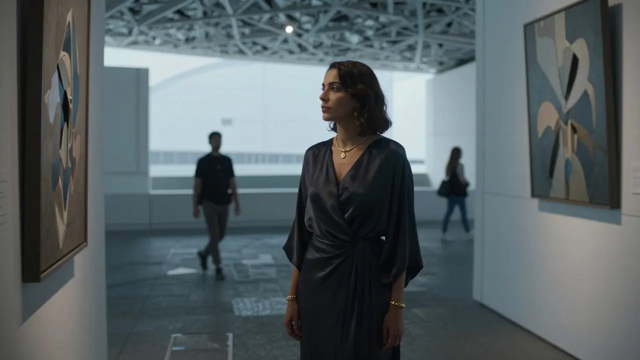 A woman contemplates art in the Louvre Abu Dhabi, surrounded by quiet museum light.