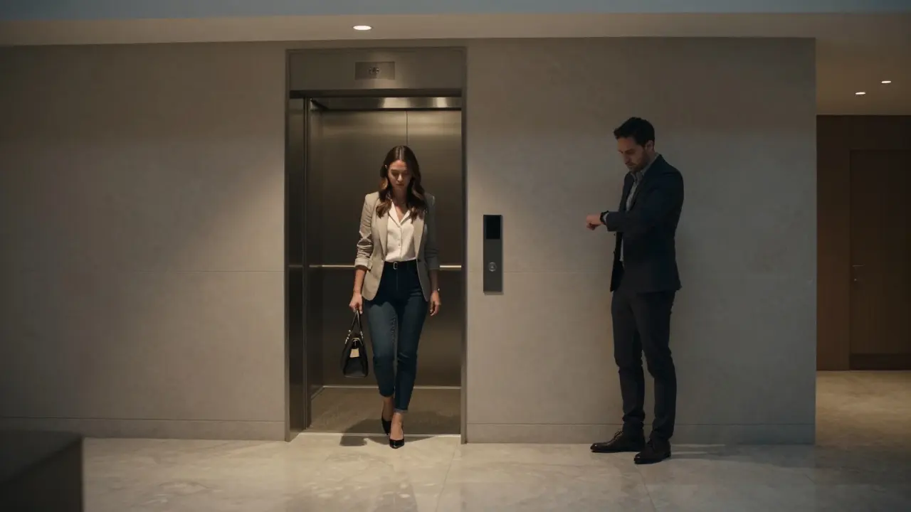 A woman exiting a hotel elevator, meeting a client in a discreet lobby.