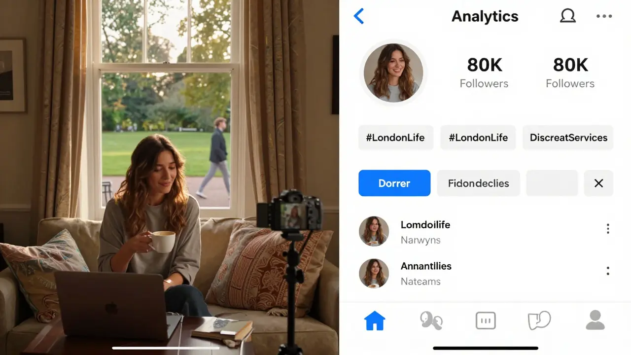 A woman filming a calm daily routine video in London, with social media analytics showing high engagement and follower growth.