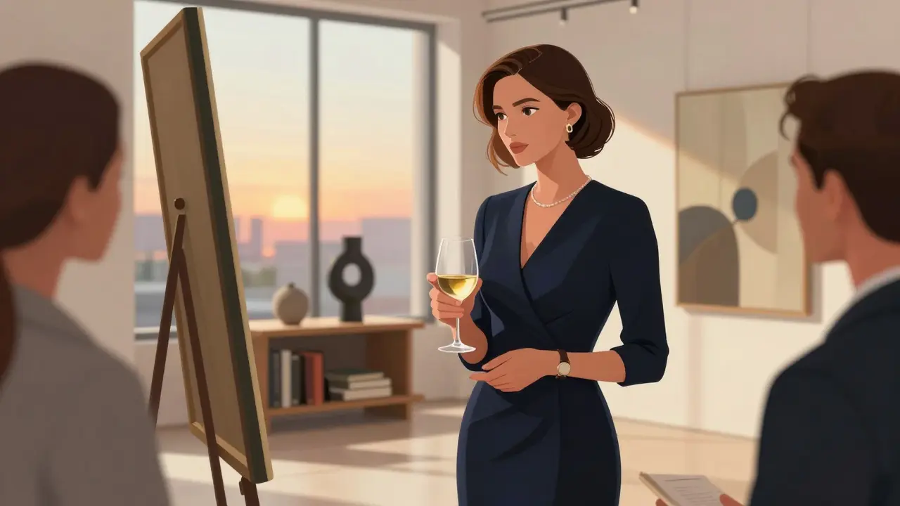 A woman in a navy dress listening to a client in an art gallery, books and sculptures in background.