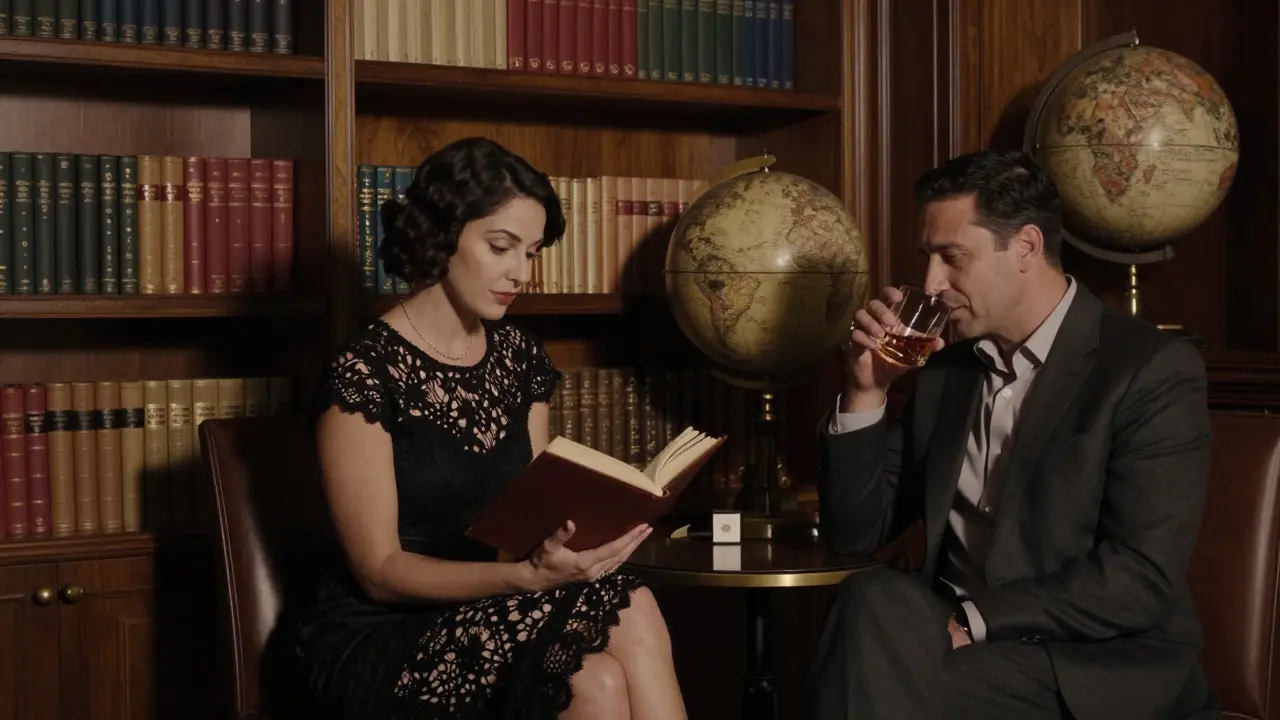 A woman reads quietly in a luxury hotel library lounge, beside a man with no devices visible, surrounded by books and warm lamplight.