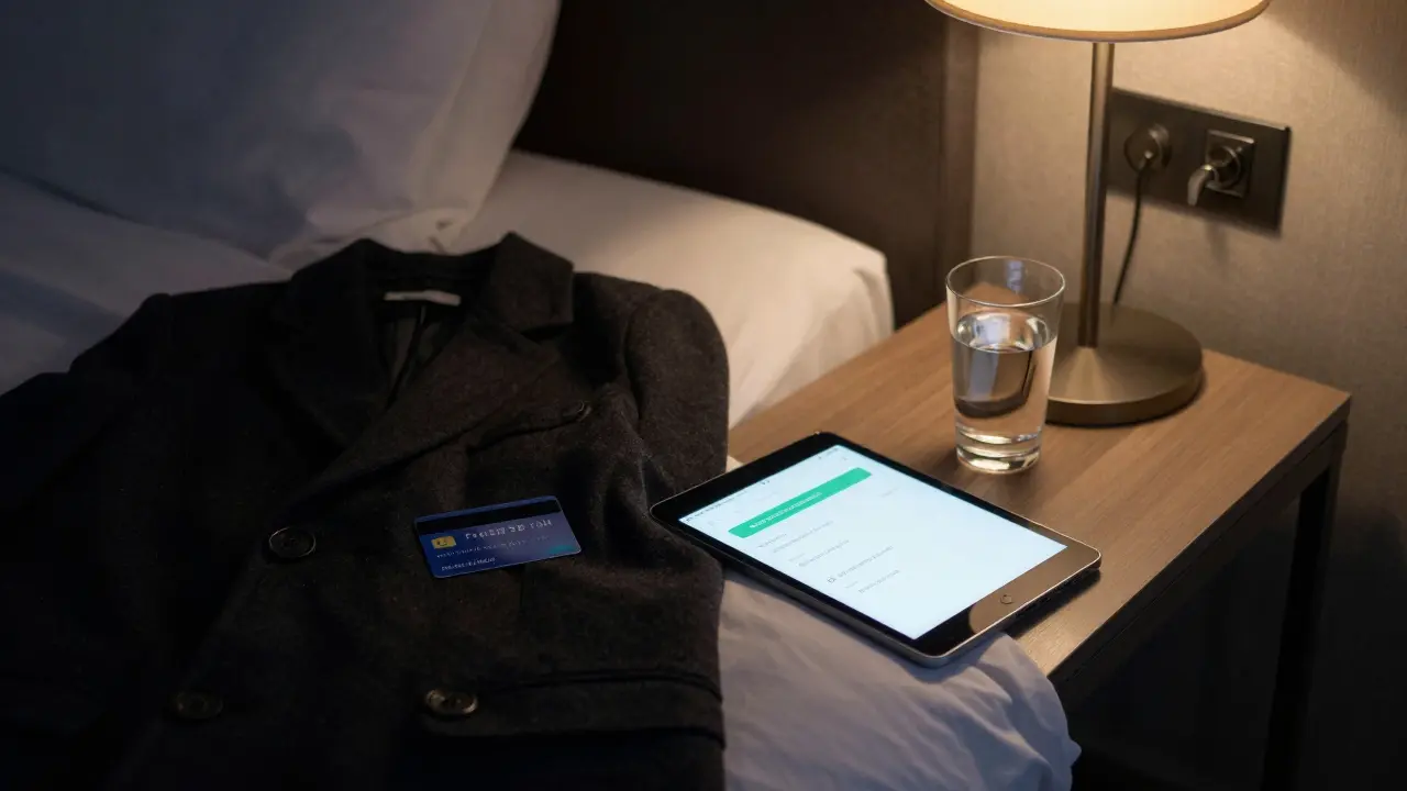 An anonymous hotel room in Berlin with a prepaid card and encrypted messaging app, no faces visible.