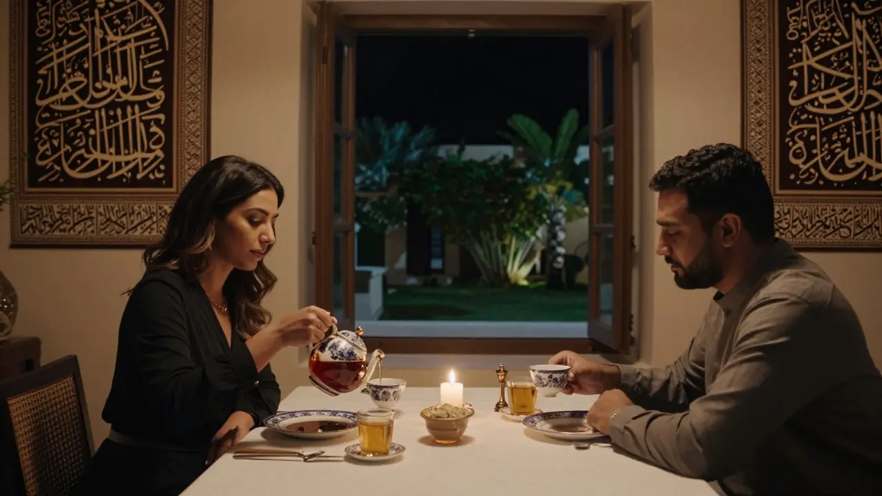 An elegant woman pours tea in a private villa dining room, candlelight reflecting off porcelain cups in a culturally rich setting.