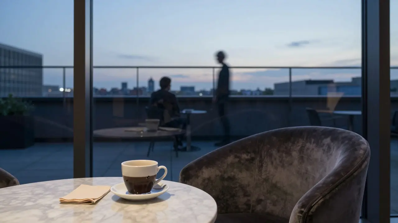 An empty chair with a cooling cup of coffee on a rooftop terrace, Berlin skyline at twilight.