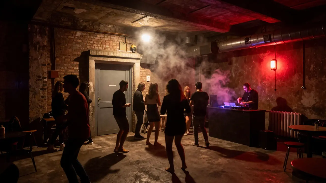 An underground club in a warehouse with dancers under red lighting, live percussion, and no visible signs.