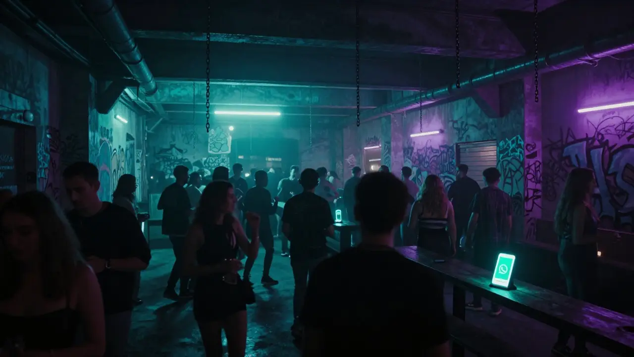 An underground warehouse party in Porta Venezia with minimalist lighting and a diverse crowd dancing.