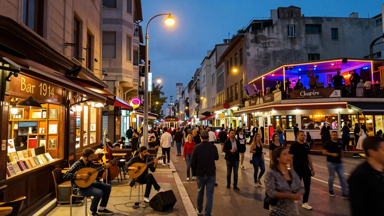 Bustling İstiklal Avenue at night with street musicians, glowing cafes, and a rooftop club in the background.