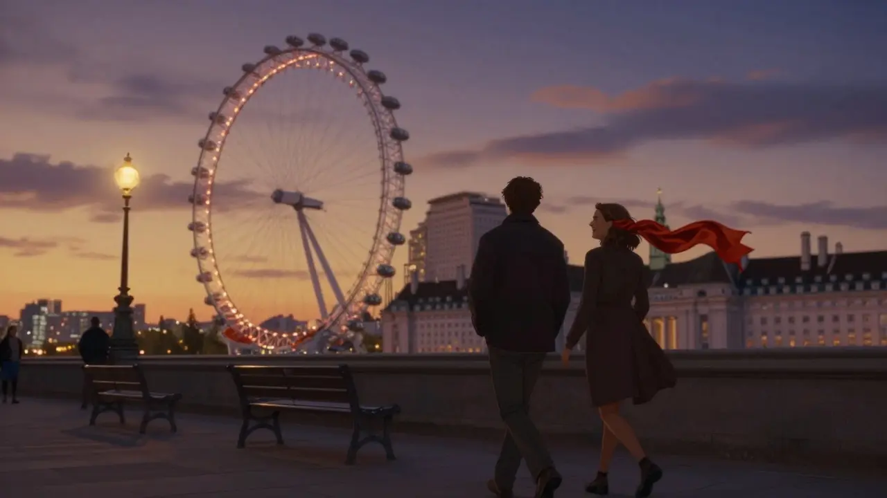 Couple walking along the South Bank at sunset, London Eye glowing in the background.