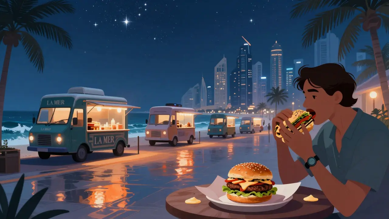 Couples eating shawarma burgers on the beach promenade at La Mer under starry skies.