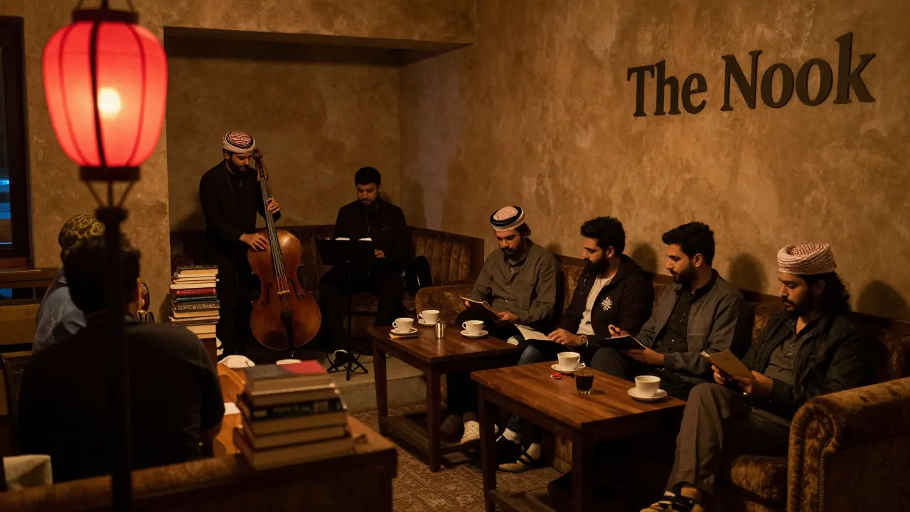 Cozy underground lounge with jazz band, poets reading, and warm amber lighting in Alserkal Avenue.