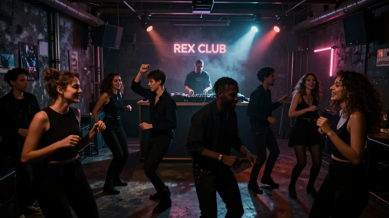 Crowd dancing in a dark, industrial nightclub with neon lights and a DJ behind turntables.