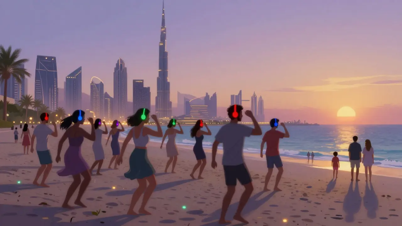 Crowds at a silent disco on the beach at twilight, wearing colored headsets and dancing peacefully.