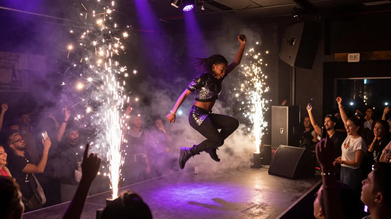 Dancer jumping on a club stage with glowing crowd and bass-heavy music lighting the night.