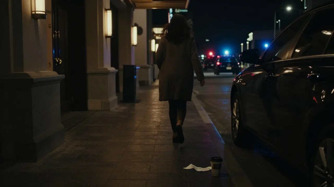 Dark alley behind a Dubai hotel at night, crumpled receipt on ground, implied escape, no people visible.