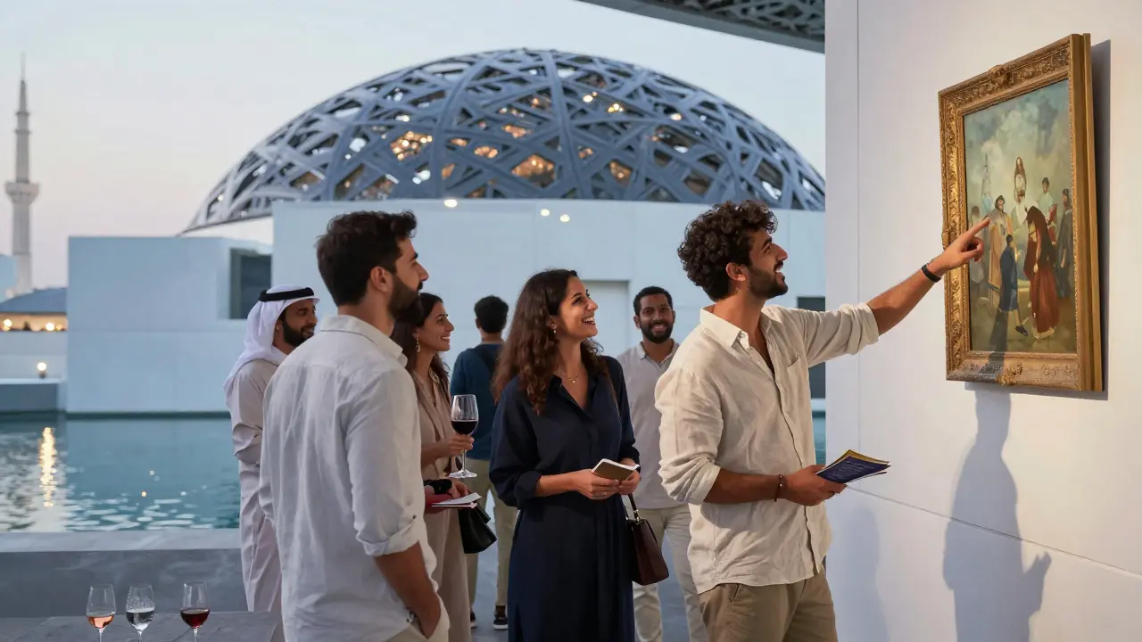 Diverse group enjoying art and wine at Louvre Abu Dhabi, vibrant social gathering under the iconic dome.