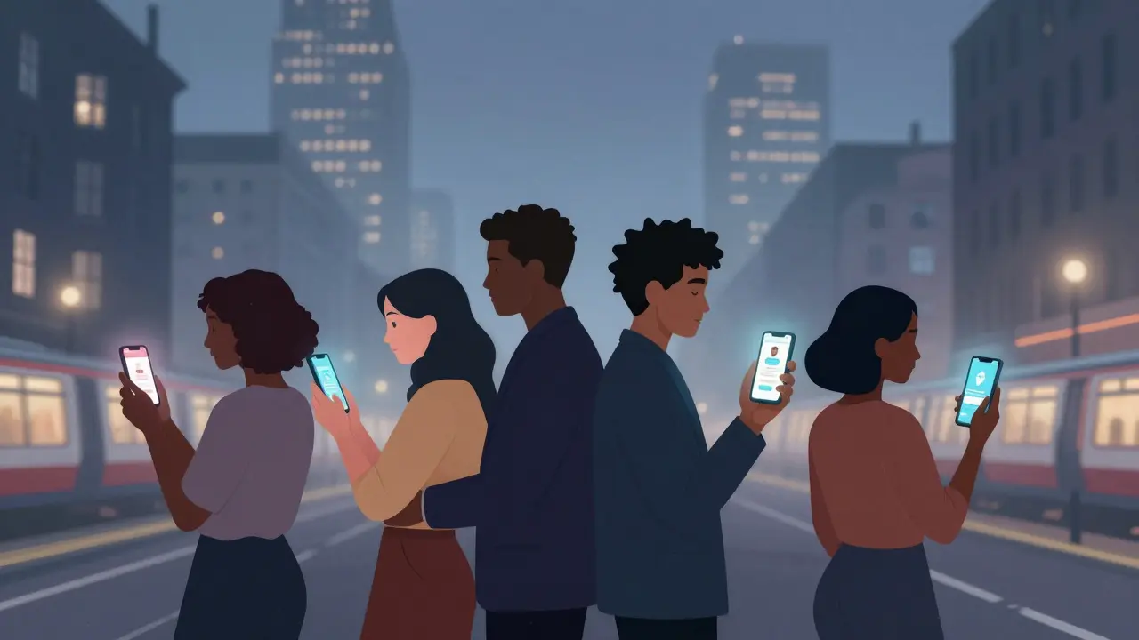 Diverse group of sex workers connected through digital tools in a foggy London night, symbolizing safety and autonomy.