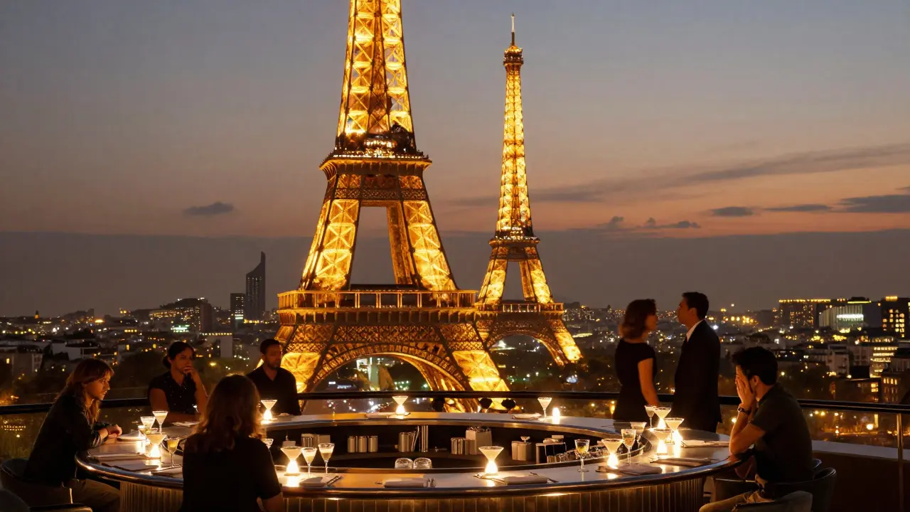 Eiffel Tower front and center from a sleek rooftop bar, patrons silhouetted against the lights.