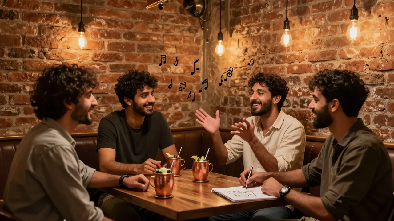 Entrepreneurs chatting in Al Funoon's cozy speakeasy with warm lighting and industrial decor.