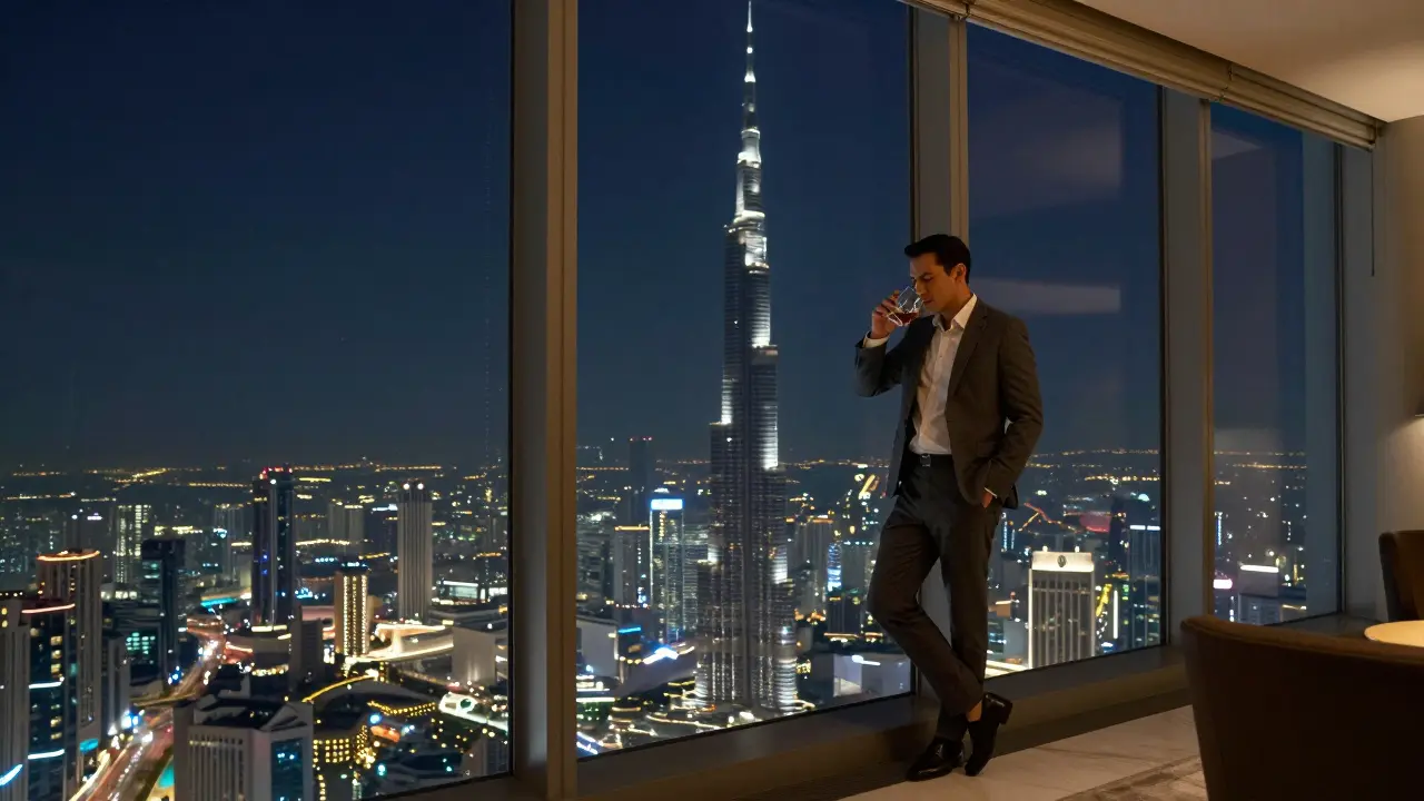 Executive at Burj Khalifa Observatory enjoying a drink with panoramic city lights below.