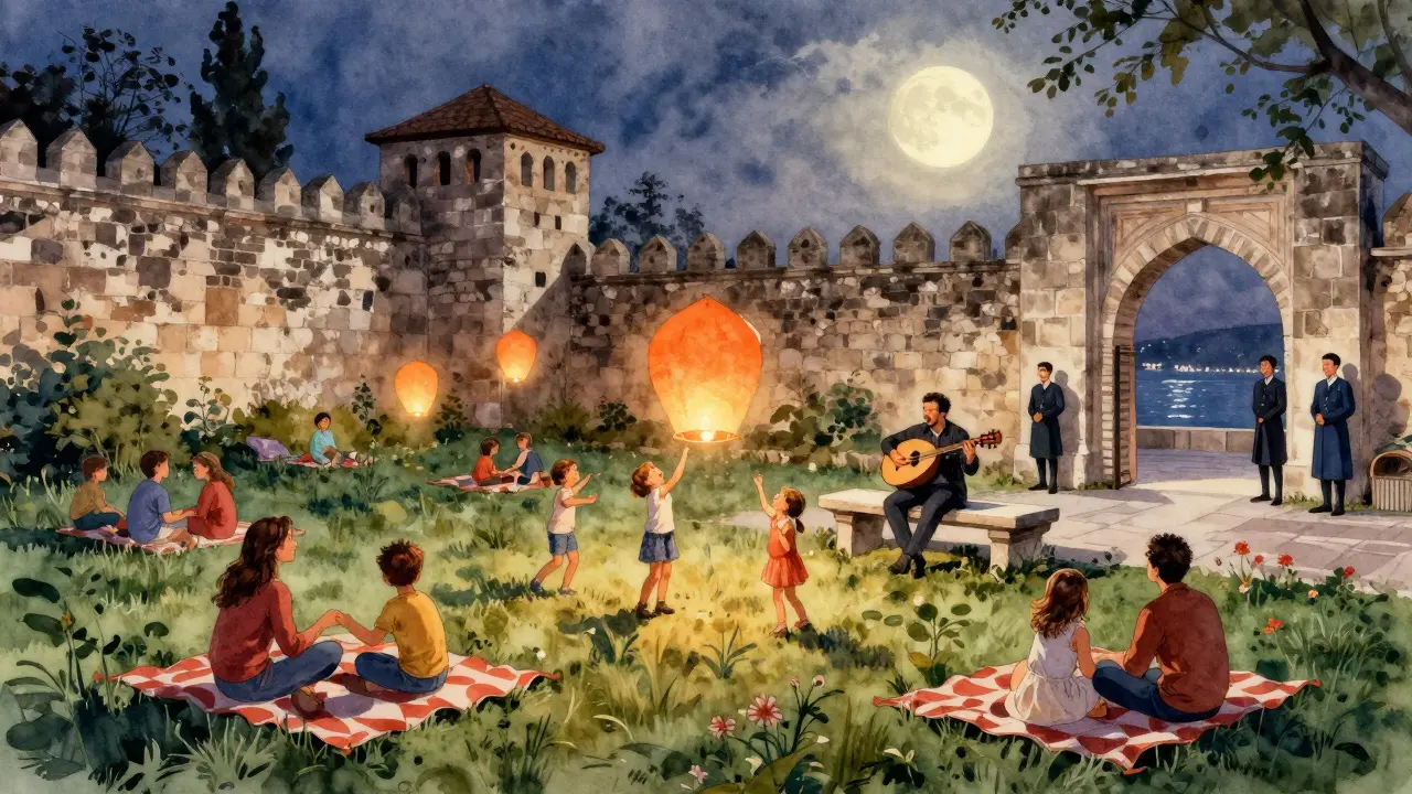 Families picnic under ancient walls at Yedikule Gardens, lit by moonlight and glowing lanterns.