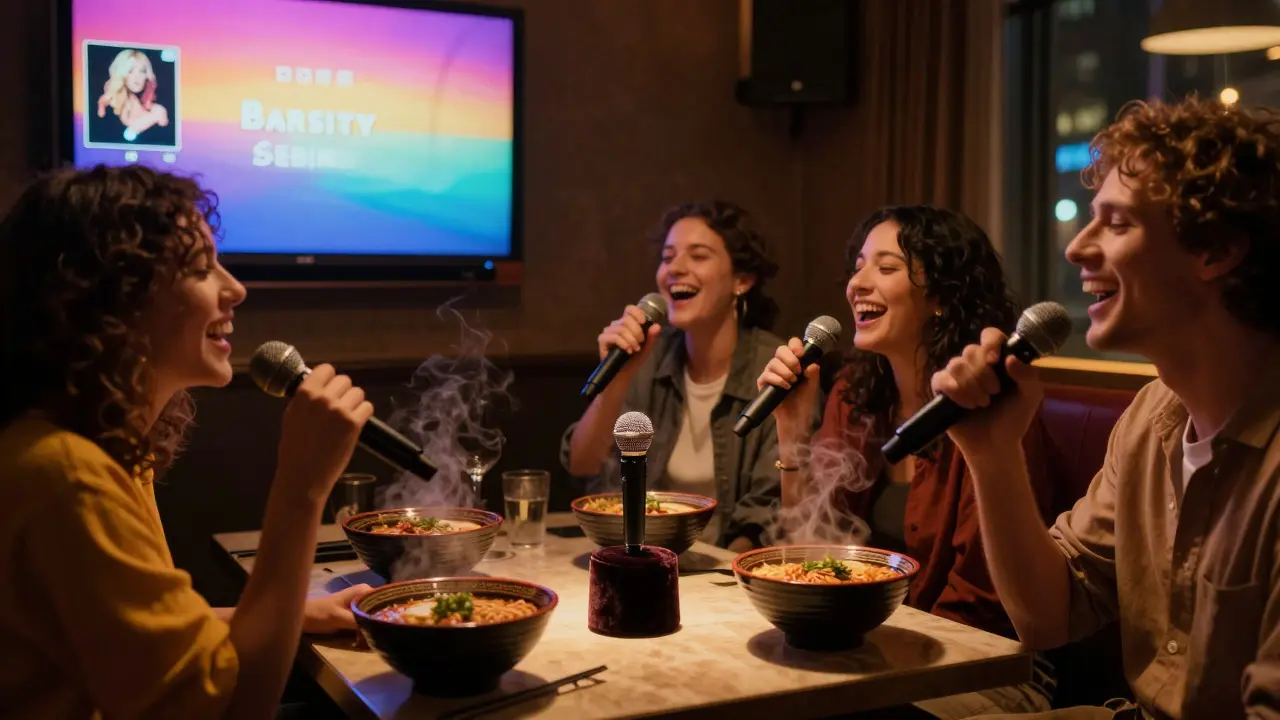 Friends sing together in a cozy karaoke booth with LED walls and ramen at 2 a.m.